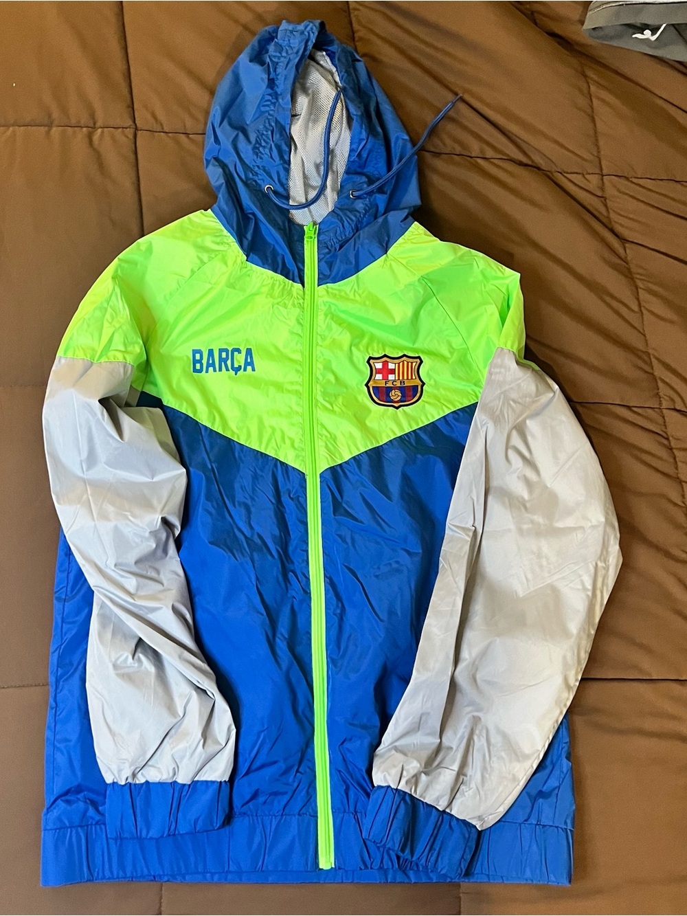 Men’s Medium Barcelona Zip Up Jacket Windbreaker Blue And Highlighter